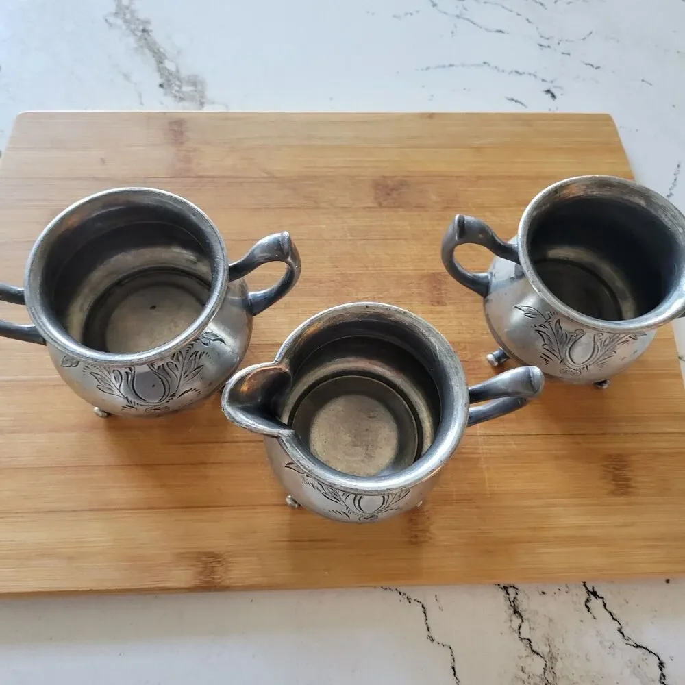 Vintage Beacon Silver Taunton Mass Quadruple Set of 3. Cream white brown sugar